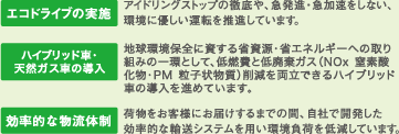 エコドライブの実施、ハイブリッド車・天然ガス車の導入、効率的な物流体制